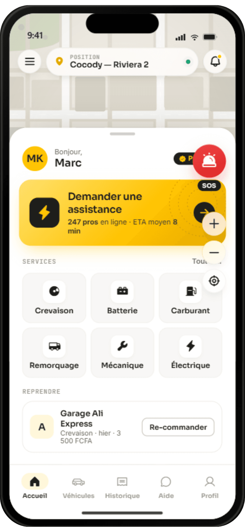 Écran d'accueil de l'application YAFERI pour demander un dépannage