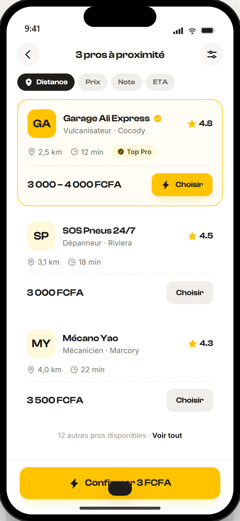 App YAFERI · top 3 prestataires